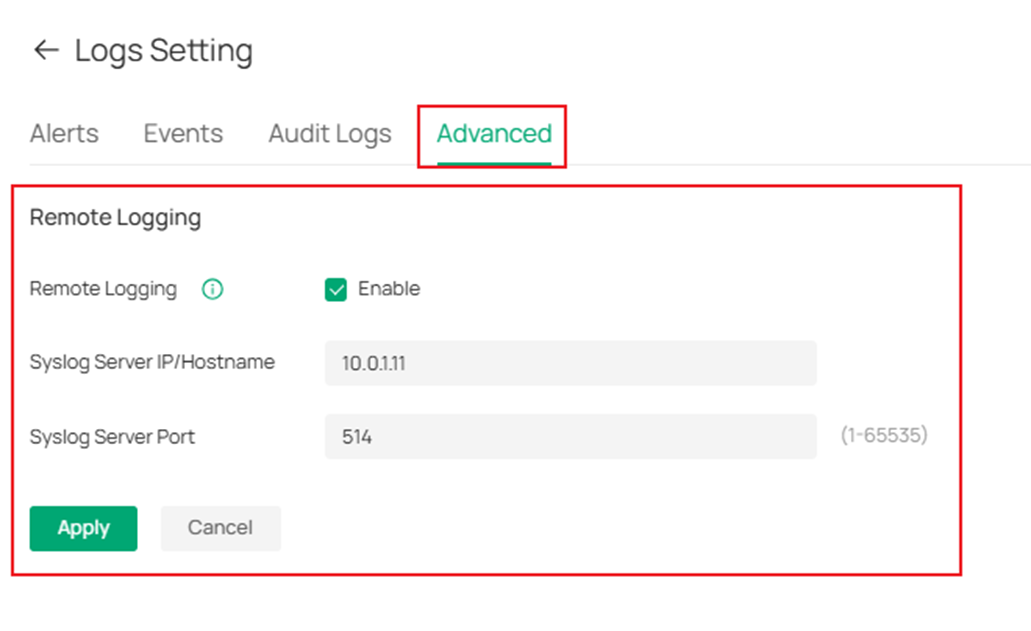 Fill in the parameters for the log server.