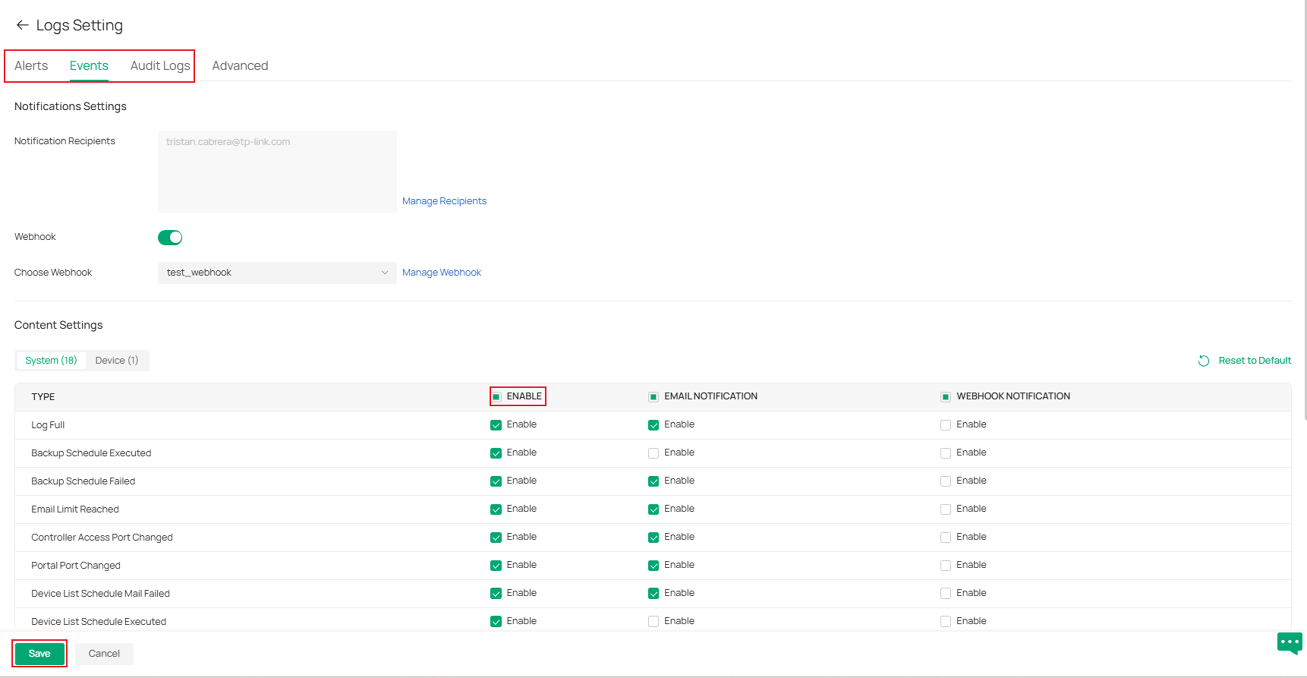 Enable the notifications you want the controller to send to the log server.
