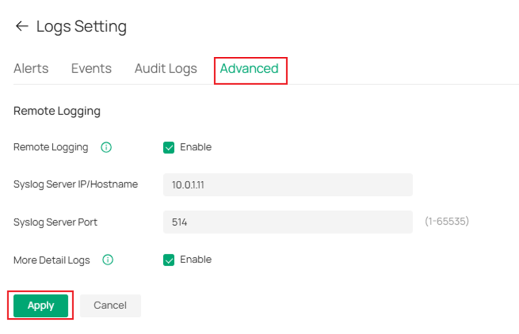 Fill in the parameters for your log server.