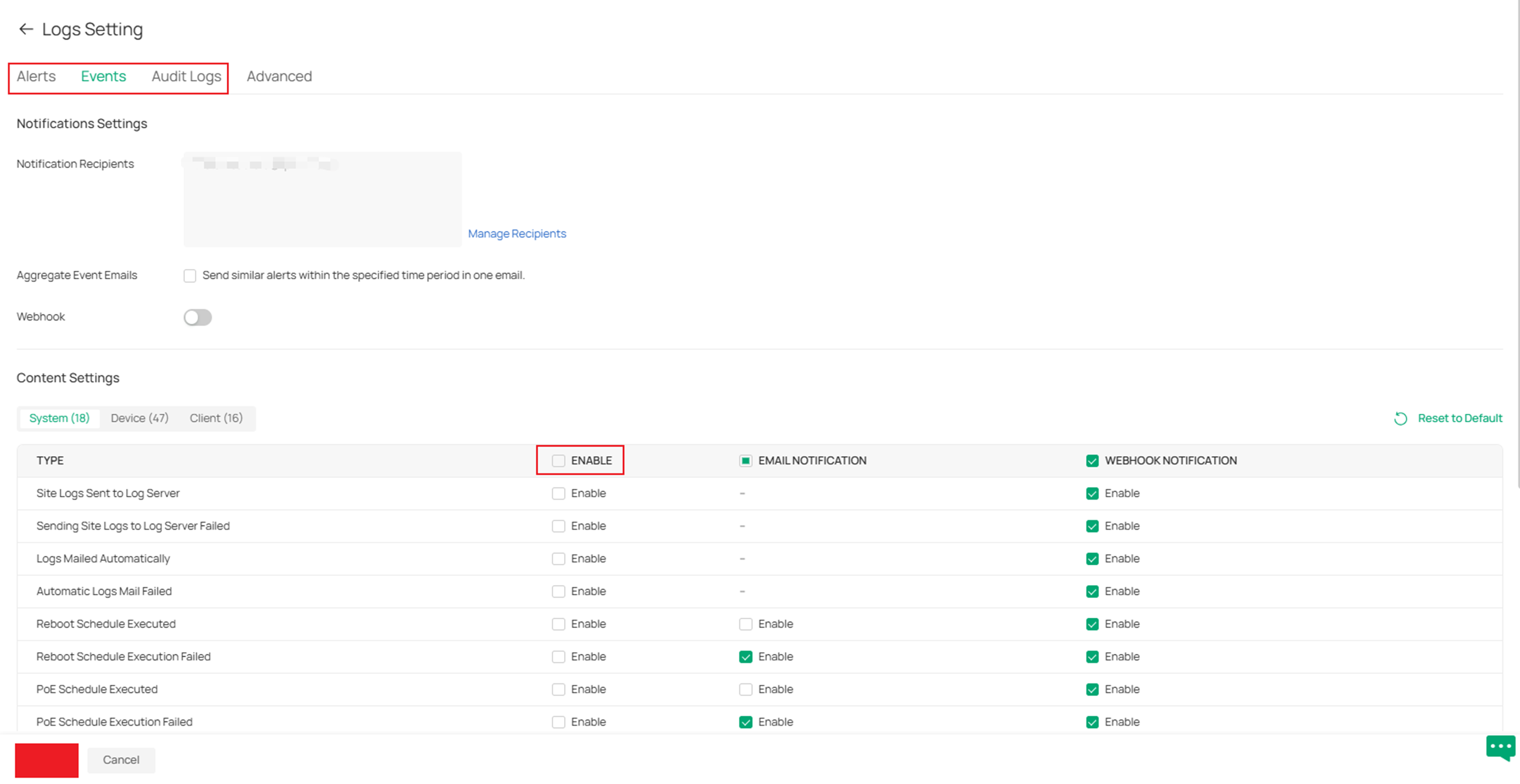 Enable the notifications you want the controller to send to the log server.