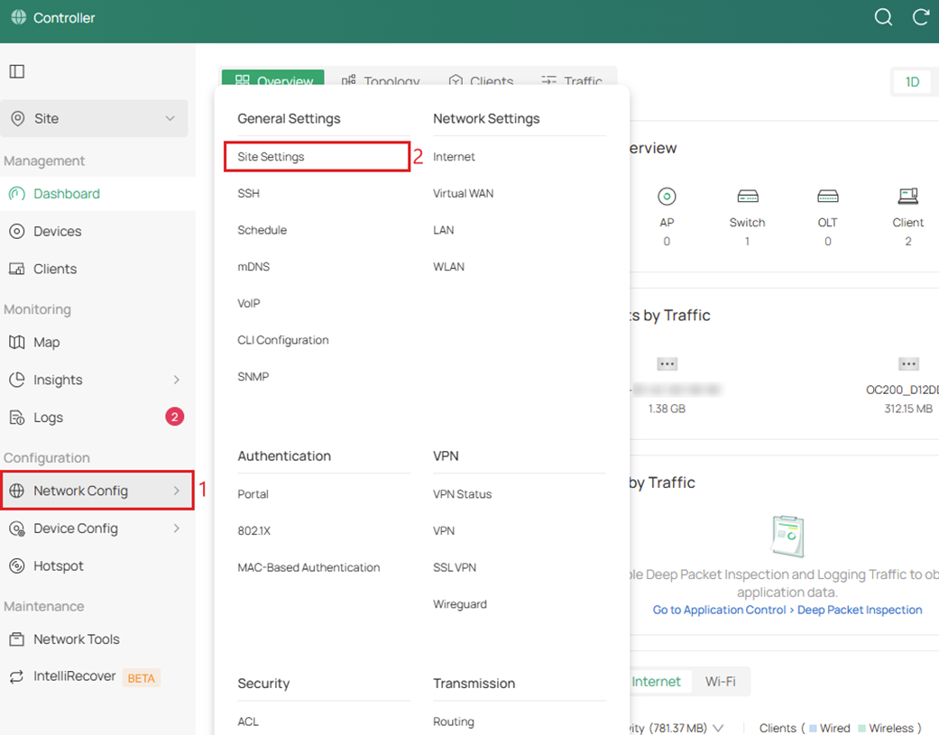 Network configuration dashboard.