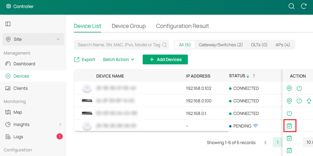 Network configuration dashboard with a list of devices.