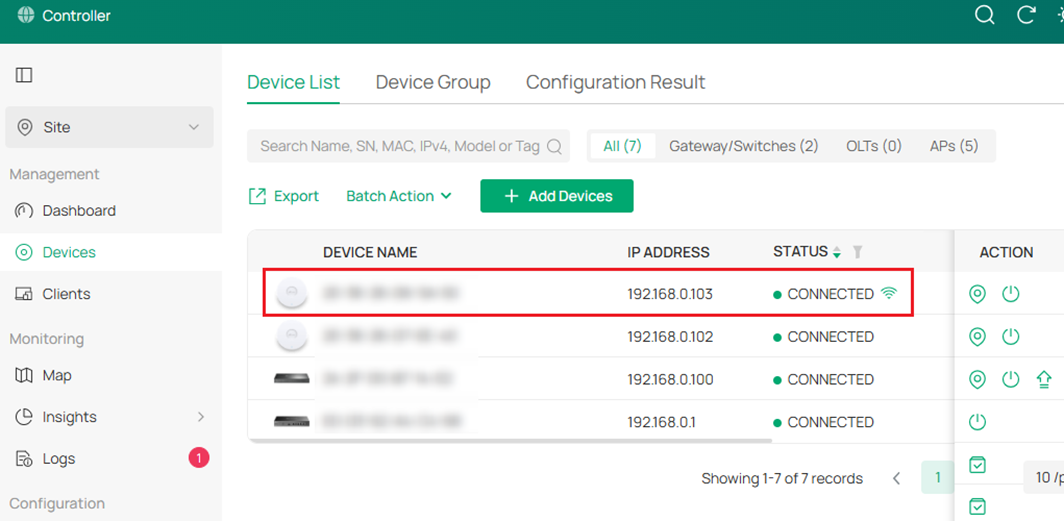 Network management interface showing a list of devices and their status.