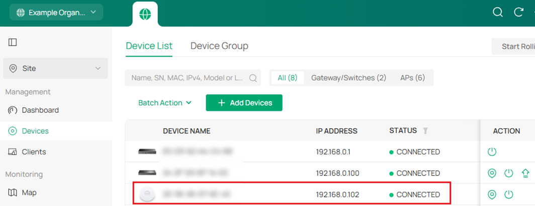 Device management dashboard showing a list of connected devices.