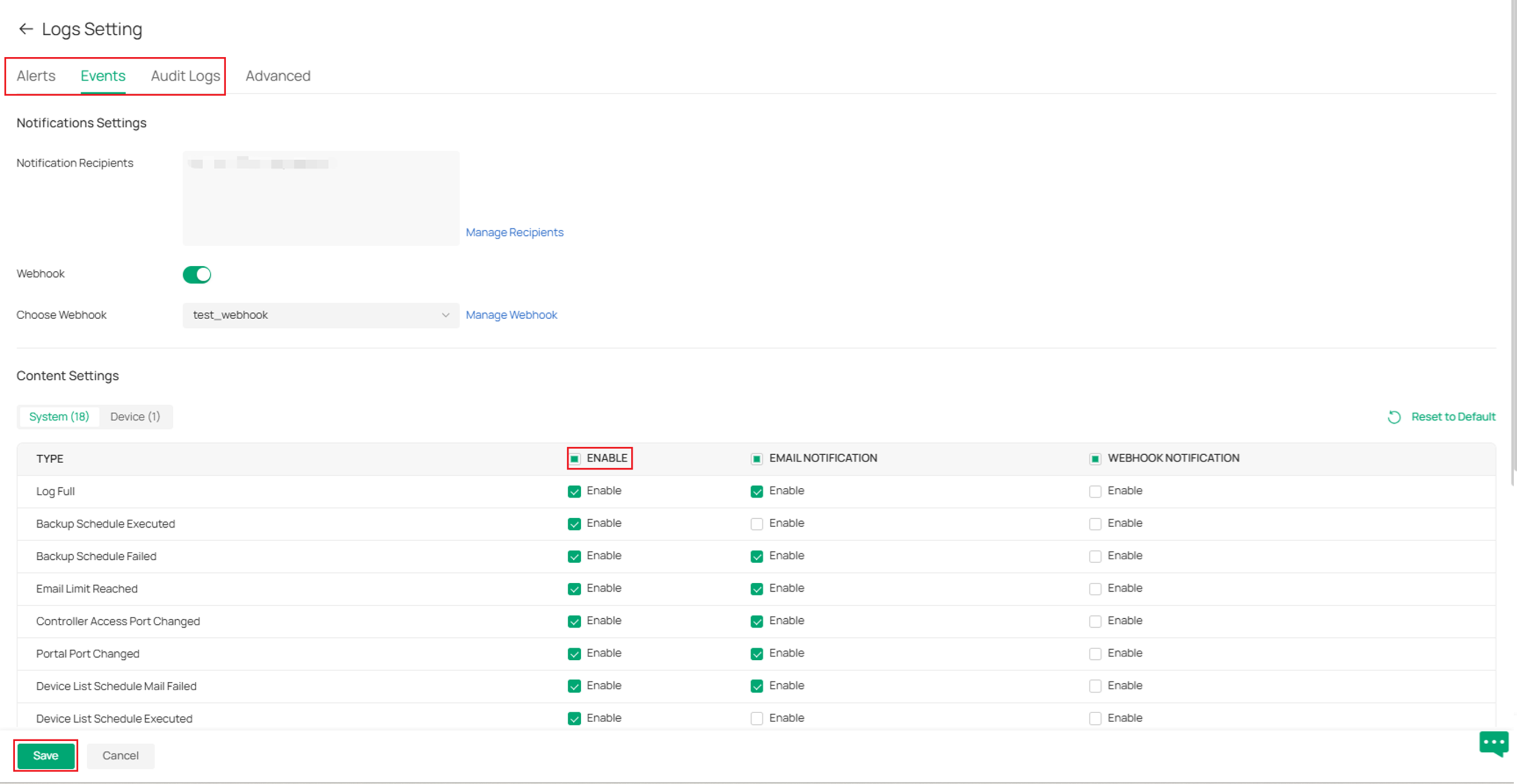 Enable the notifications you want the controller to send to the log server.