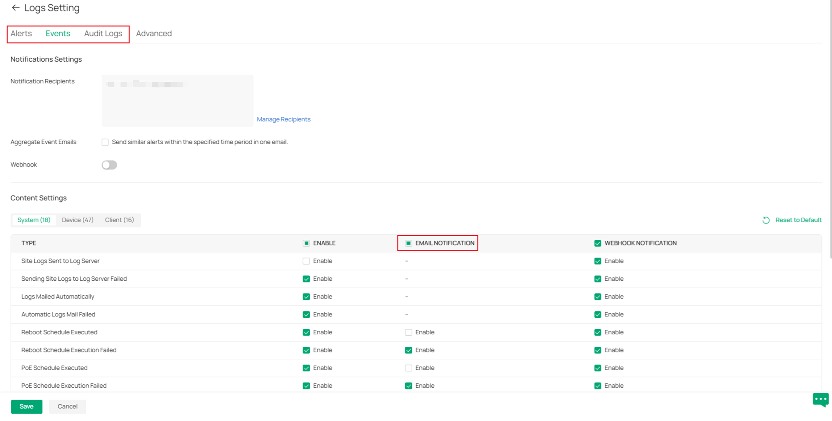 Enabling email notification for different types of alerts and events.