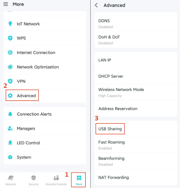 Visual steps to locate USB Sharing on the Deco app.