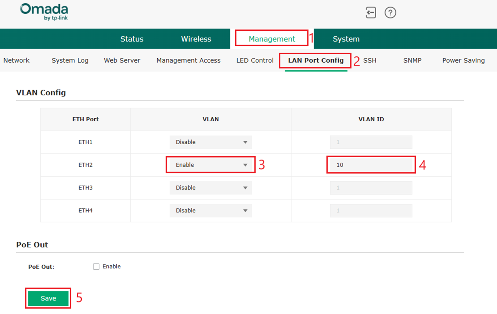 The path and configuration to change port Eth2 to use VLAN 10 tagging.