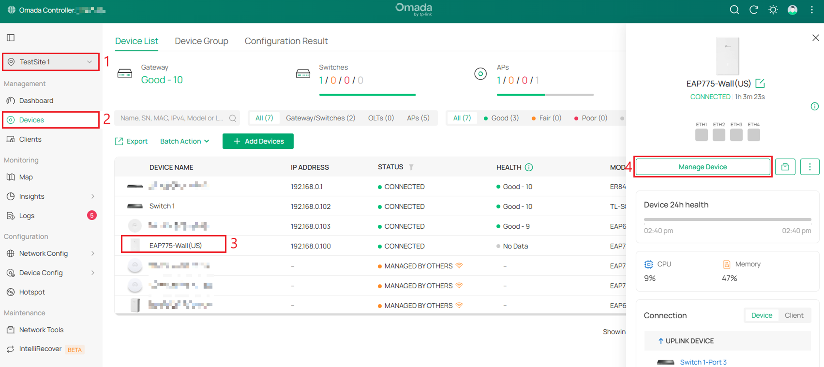 Navigating to Managing the EAP-Wall device in Controller Mode.