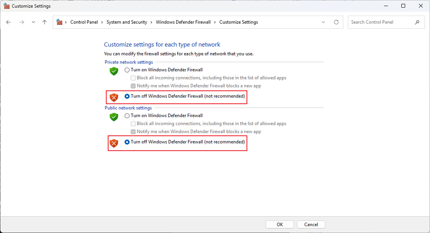 Turning off firewall on Windows OS.