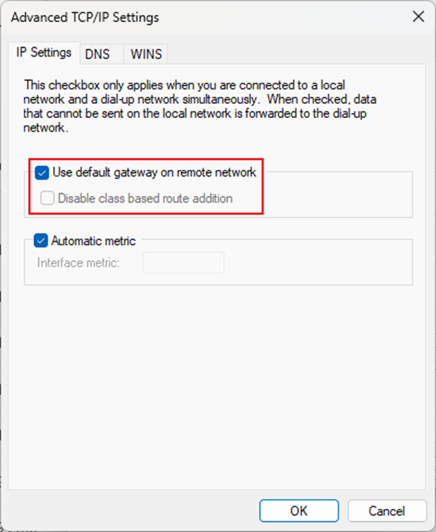 Enable use default gateway on remote network on Windows.