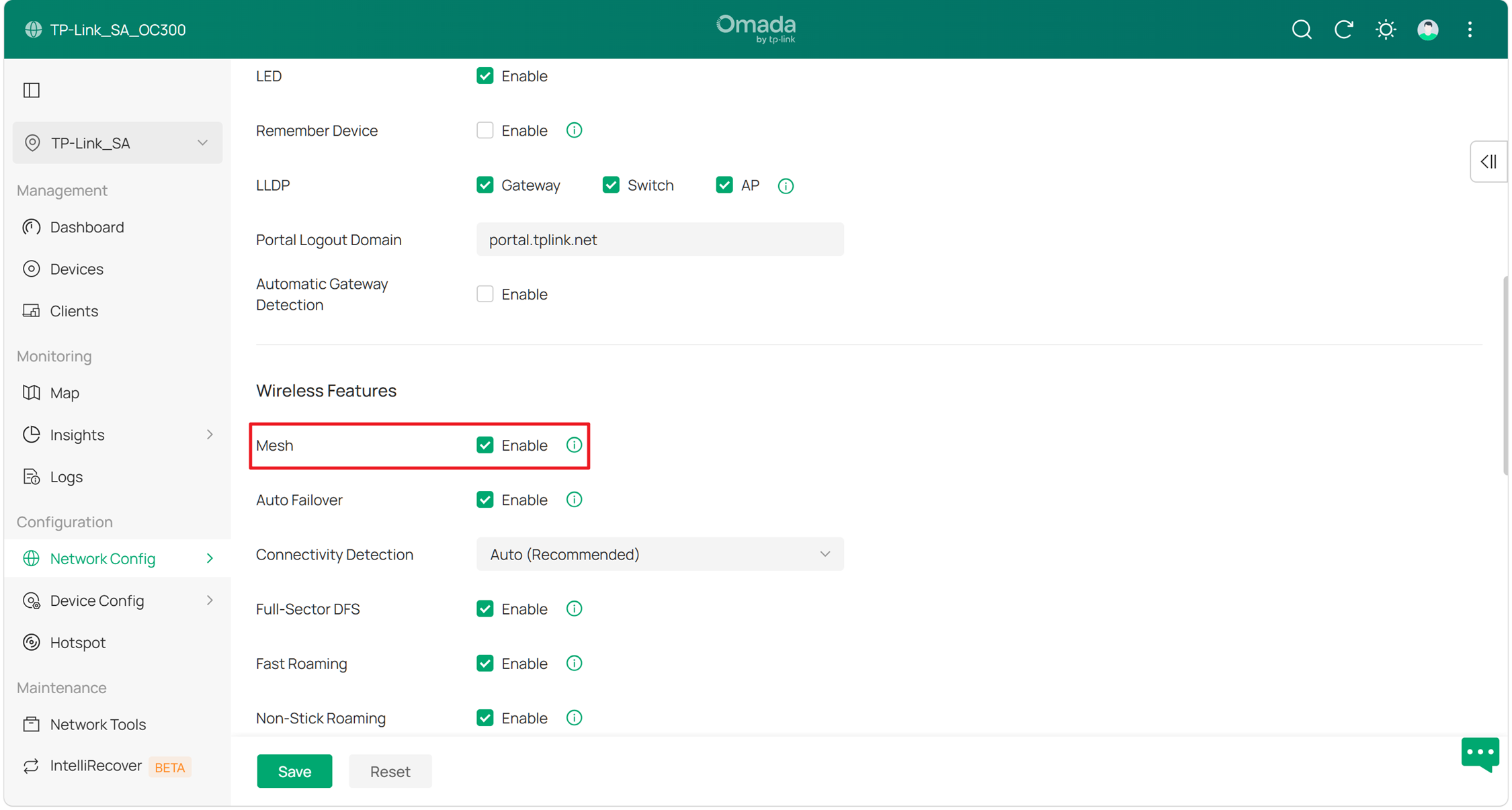 The position to enable Mesh on the Controller webpage.