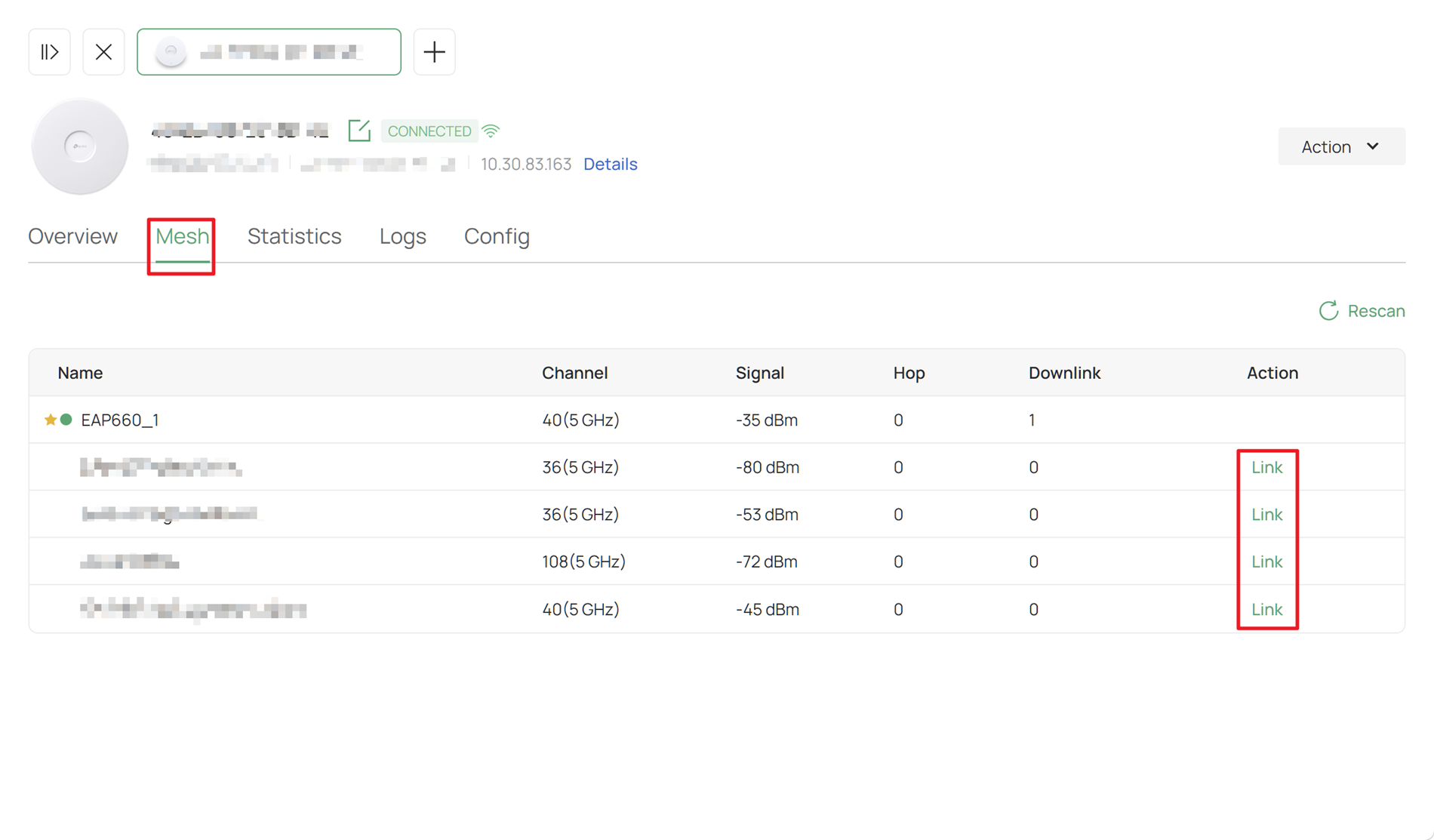 Check the information of Mesh link on the Mesh AP's private configuration webpage.