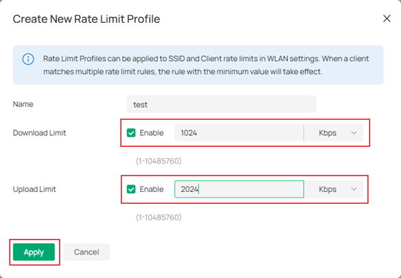 Create  New Rate Limit Profile for the certain client.