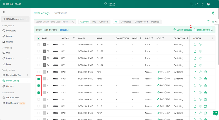 Select ports from different switches.