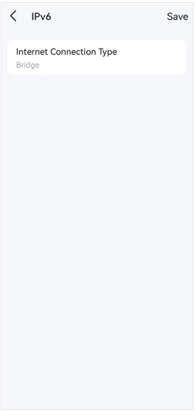 Deco app IPv6 settings screen with Internet Connection Type set to Bridge.