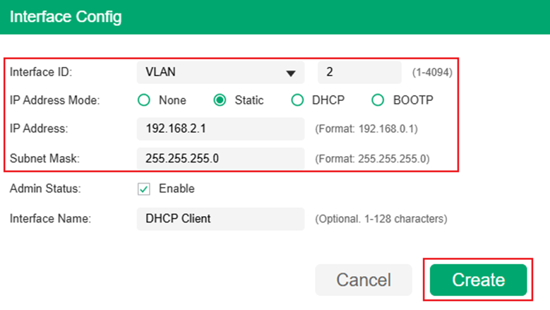 Show the create Interface page.