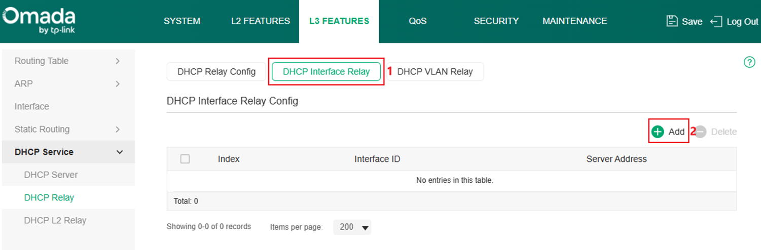 Show the DHCP Interface Relay configuration page.