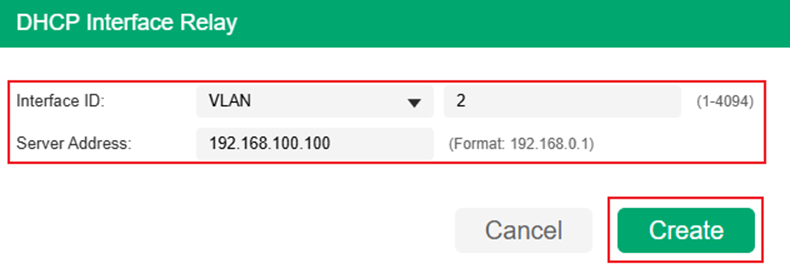 Show the DHCP Interface Relay entry creating page.