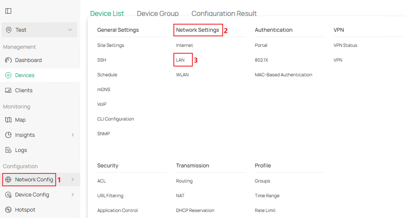 Show the Network Config menu.