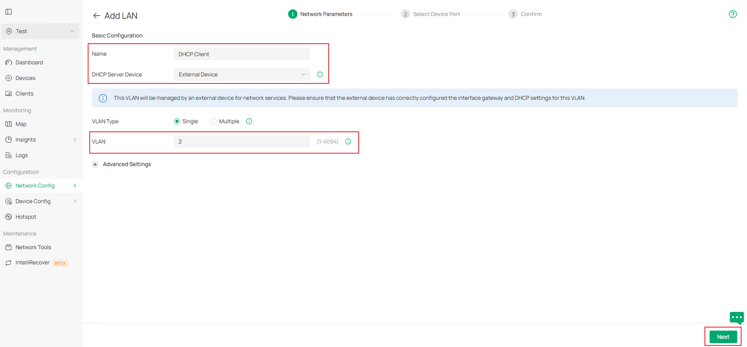 Show the Network Parameters page in LAN network configuration menu.