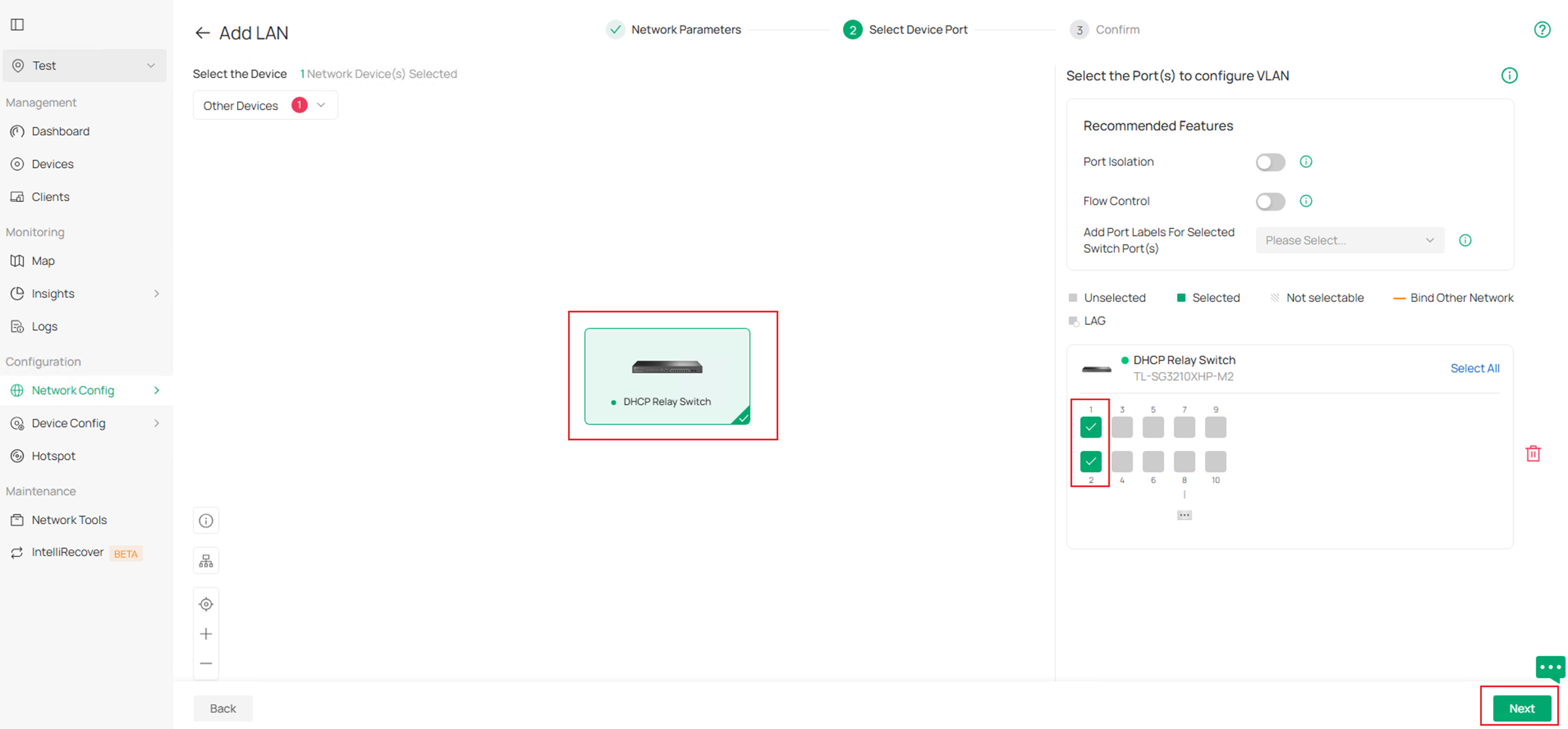 Show the Network Parameters page in LAN network configuration menu.