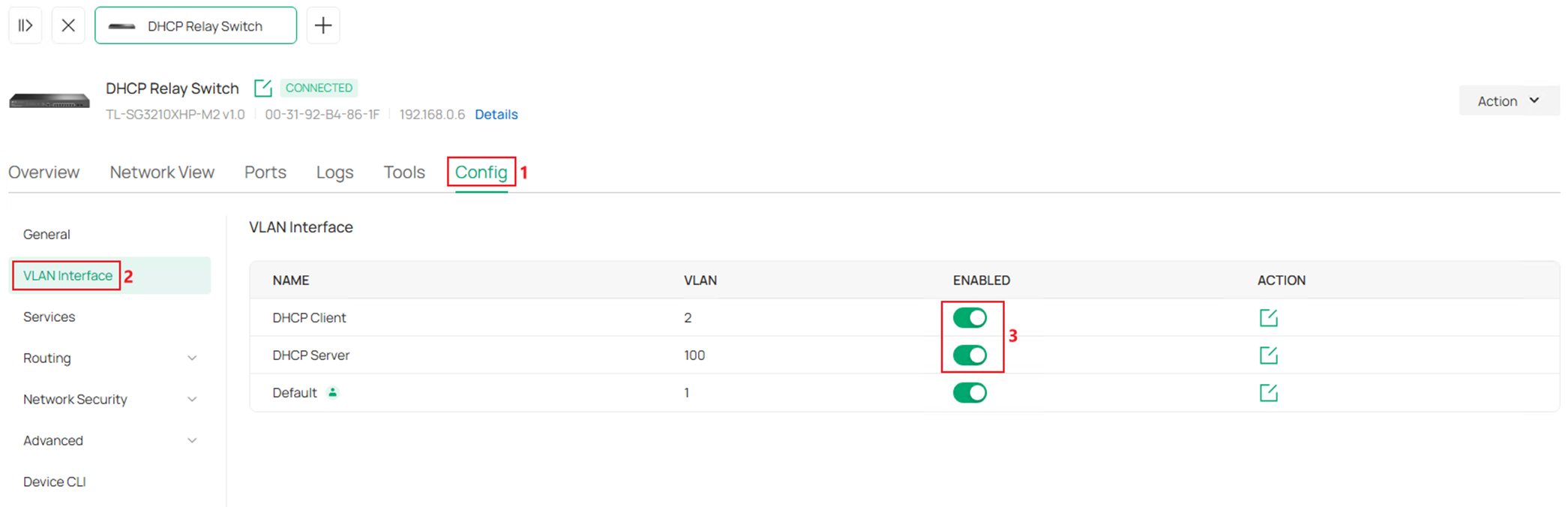 Show the VLAN Interface configuration page.