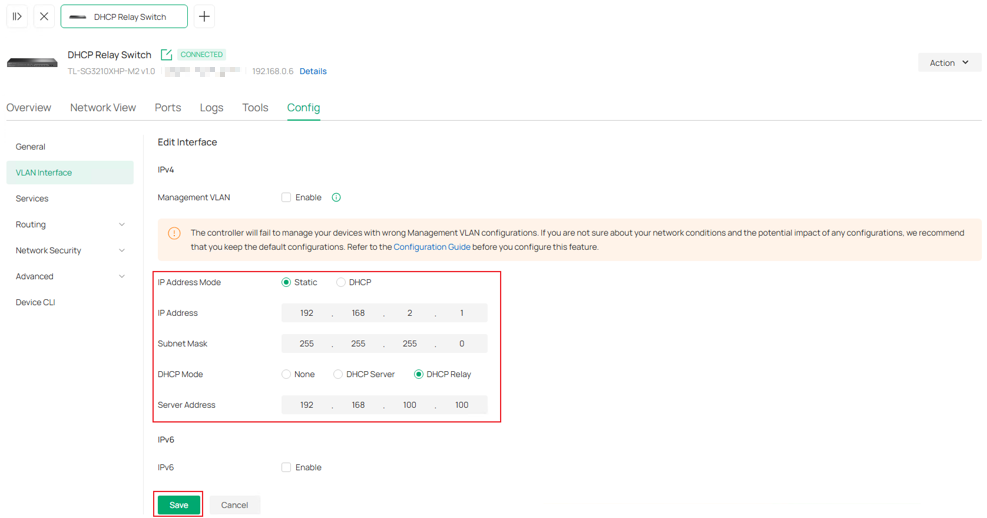 Show the VLAN Interface configuration page.