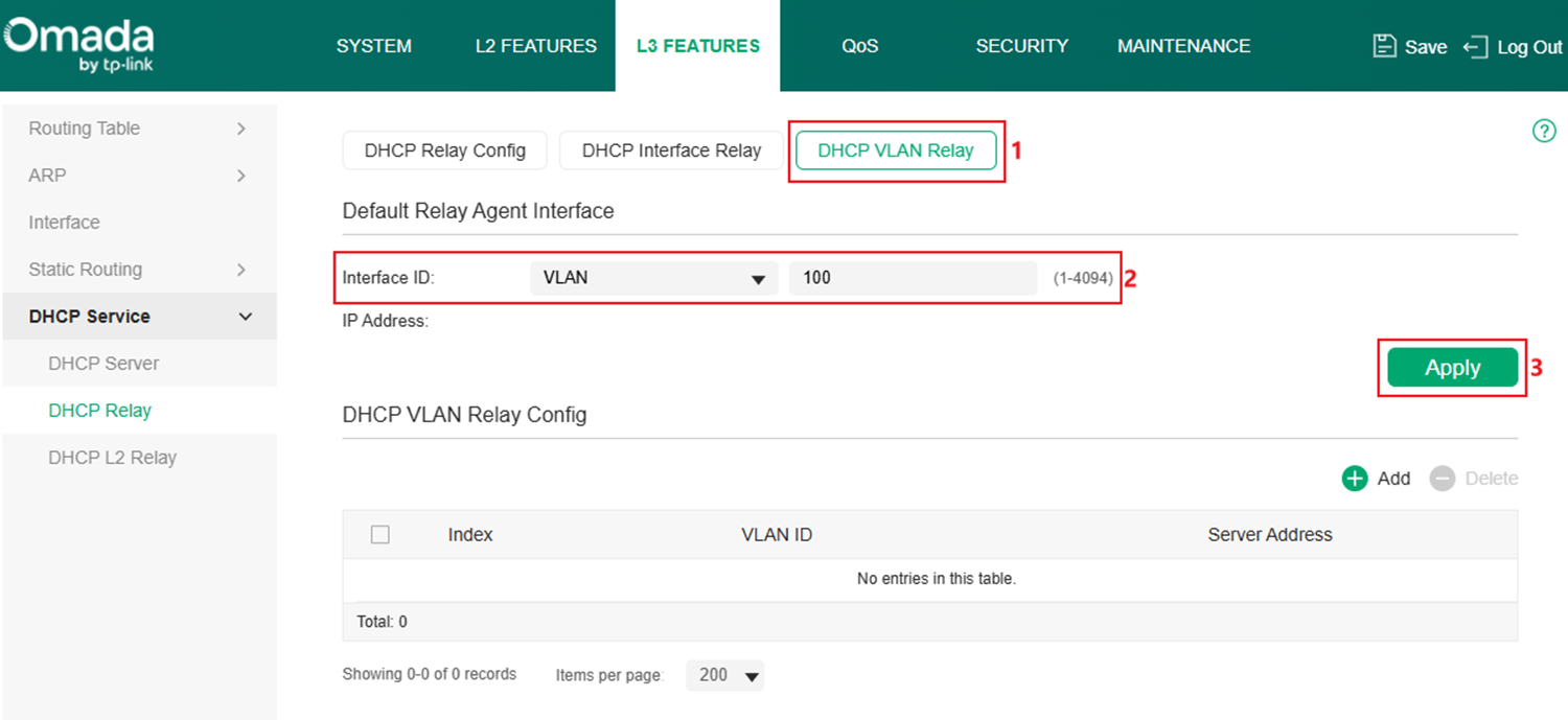Show the DHCP VLAN Relay configuration page.
