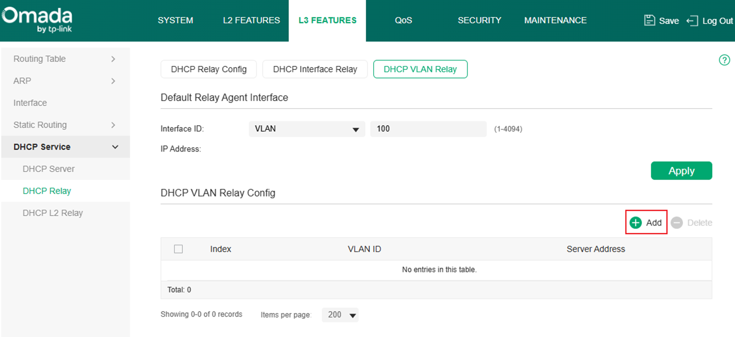 Show the DHCP VLAN Relay configuration page.