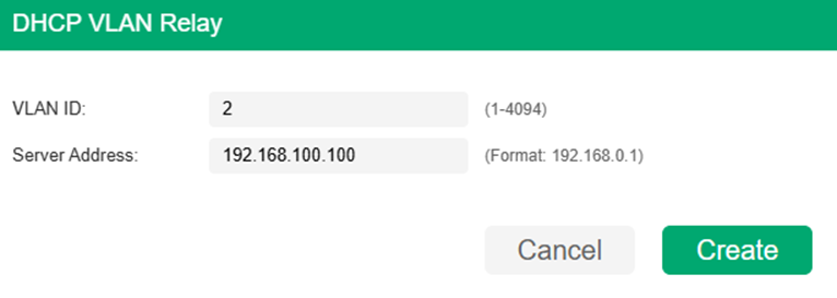 Show the DHCP VLAN Relay entry creating page.