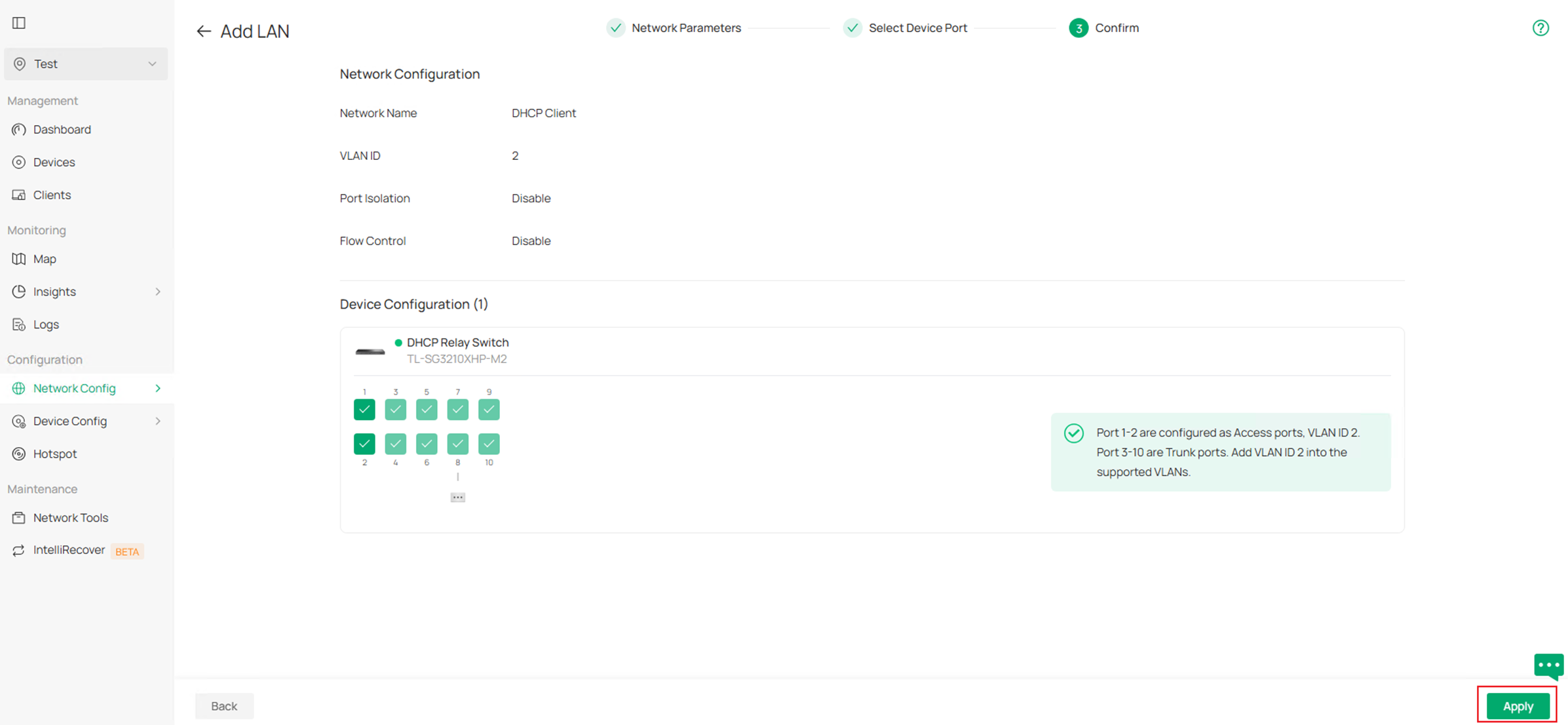 Show the Confirm page in LAN network configuration menu.