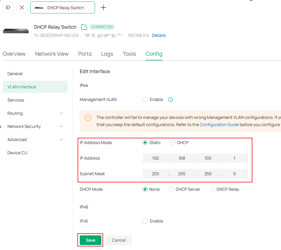 Show the VLAN Interface configuration page.