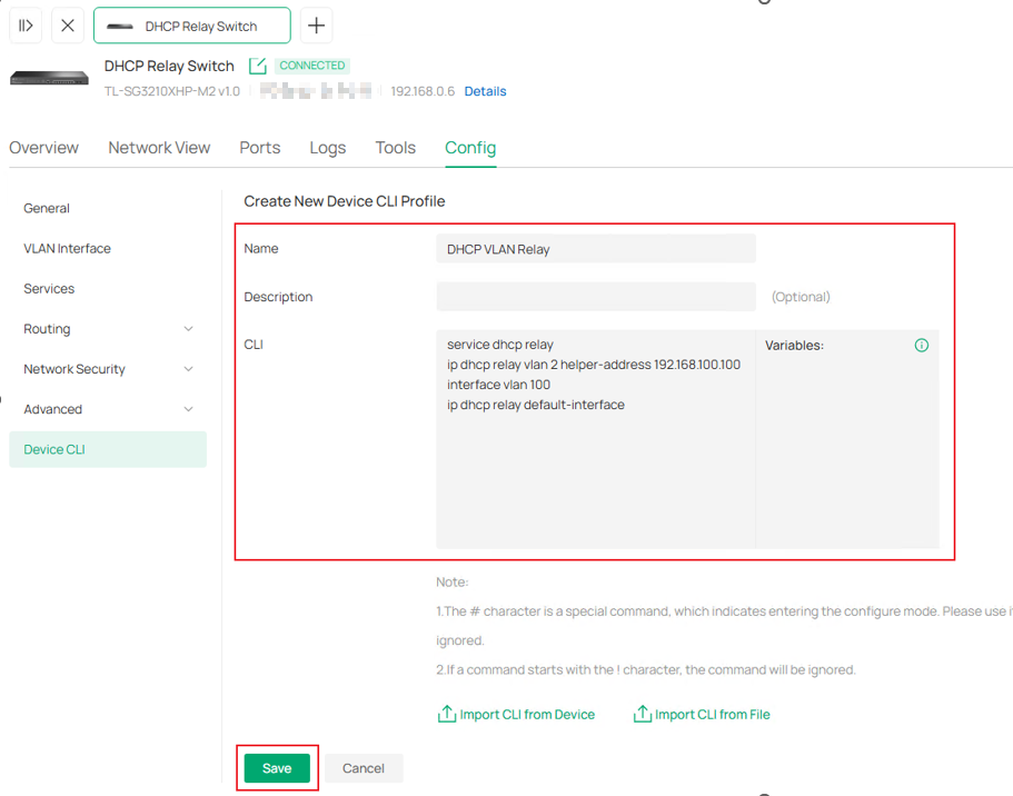 Show the Device CLI configuration page.