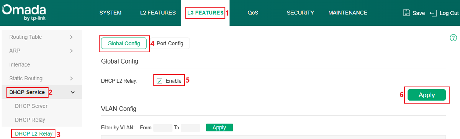 Show the DHCP L2 Relay configuration page.