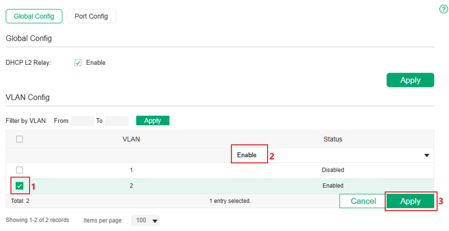 Show the DHCP L2 Relay configuration page.
