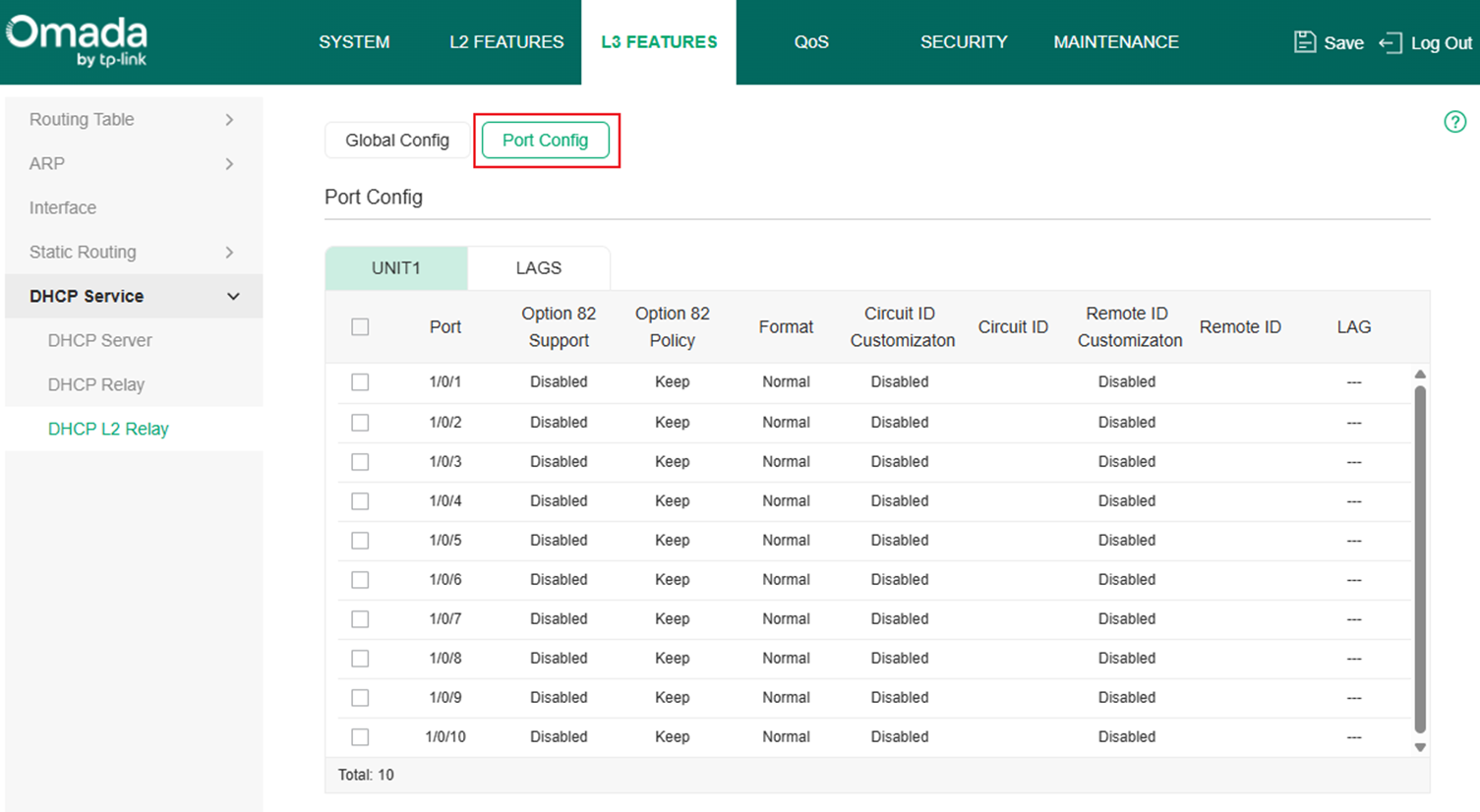 Show the DHCP L2 Relay configuration page.