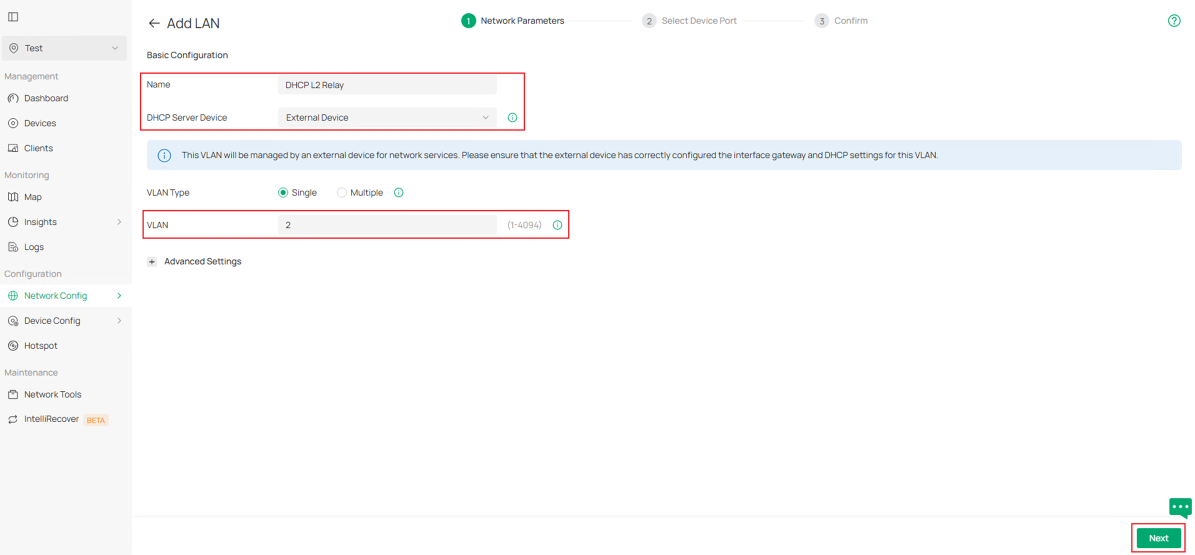 Show the Network Parameters page in LAN network configuration menu.