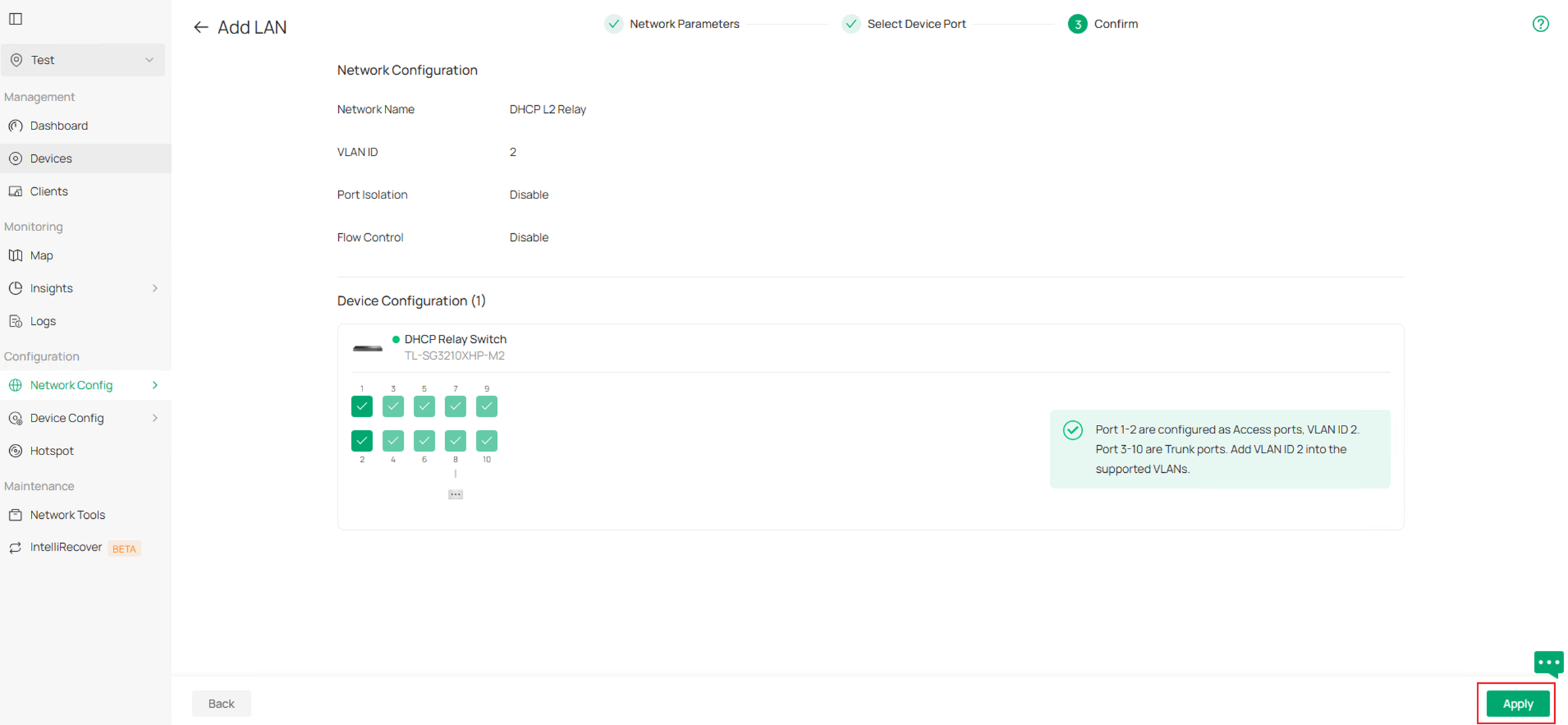 Show the Confirm page in LAN network configuration menu.