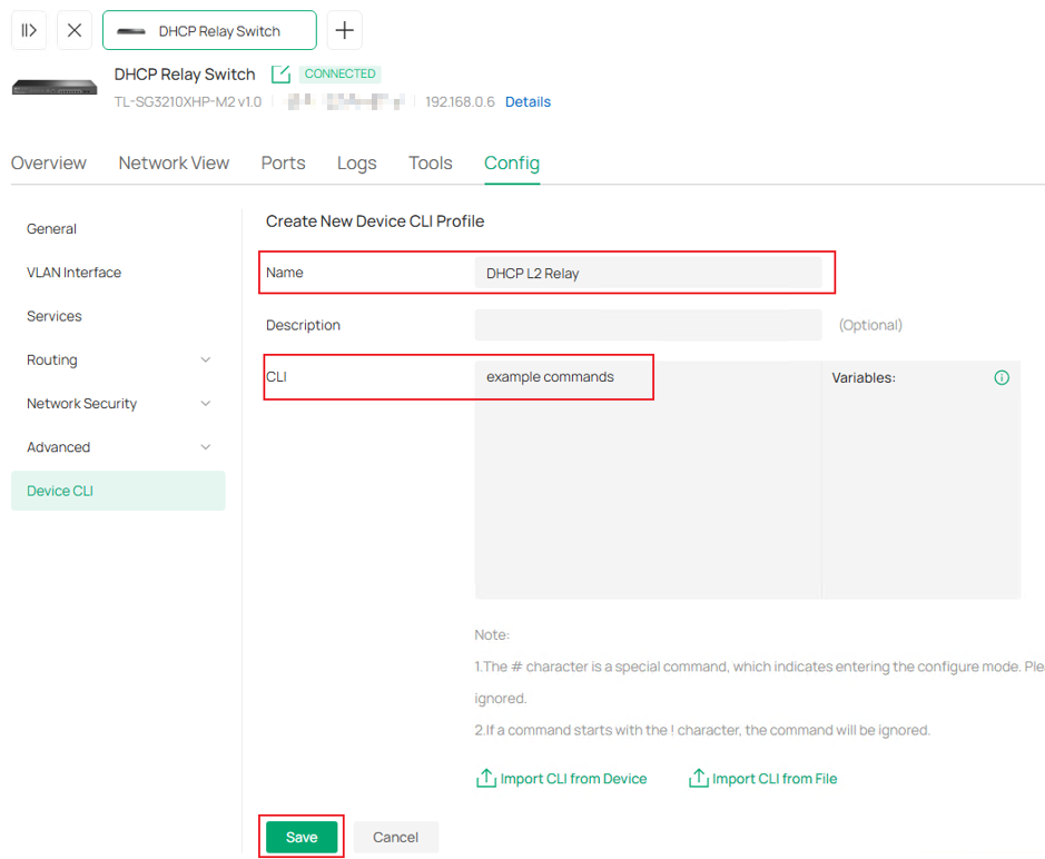 Show the Device CLI configuration page.