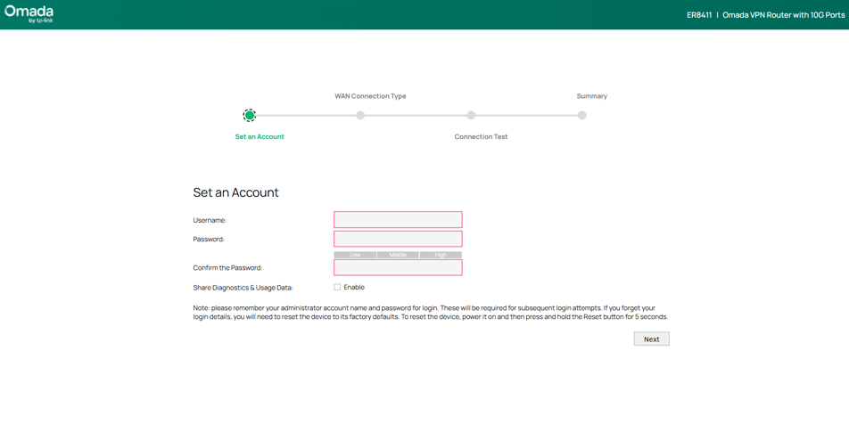 Setup wizard page of ER8411.
