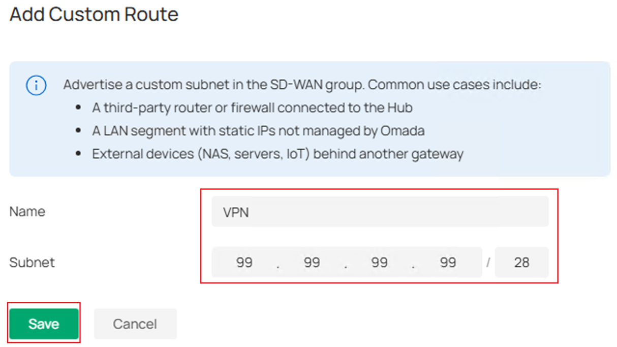 Show the SD-WAN create custom route page.