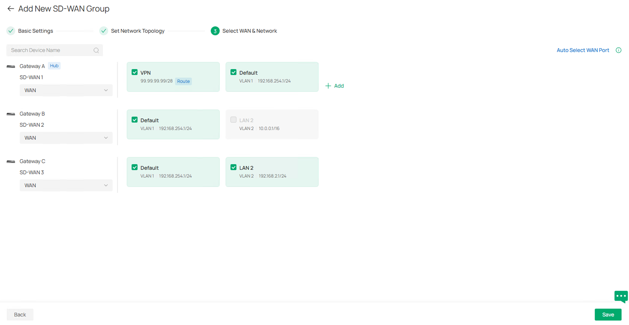 Show the SD-WAN gateway LAN subnet selection page with Custom Route.