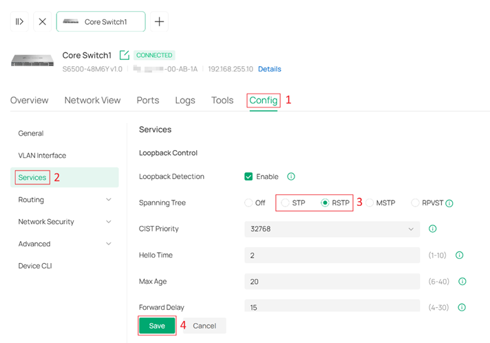 STP/RSTP settings in switch configuration page.