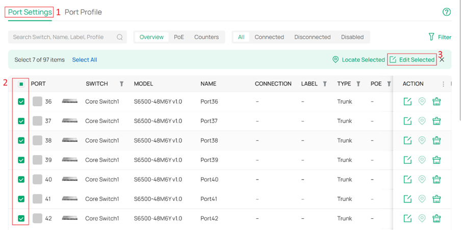 Selecting multiple ports for configuration.
