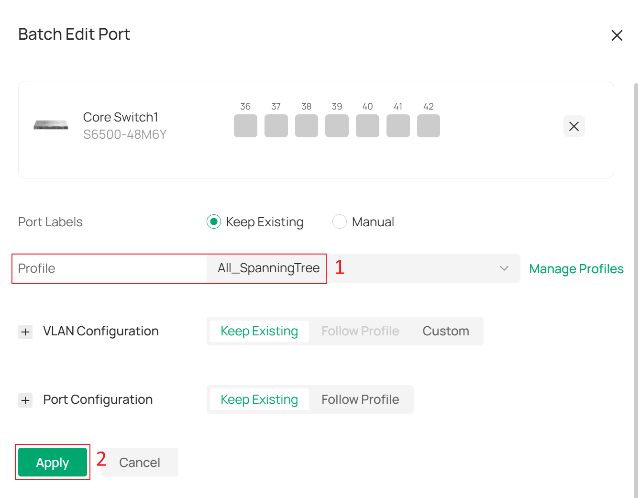 Assigning Port Profile to selected ports.