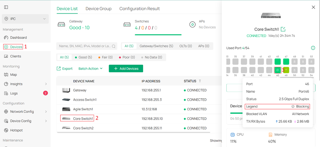 Viewing Spanning Tree status in switch overview.