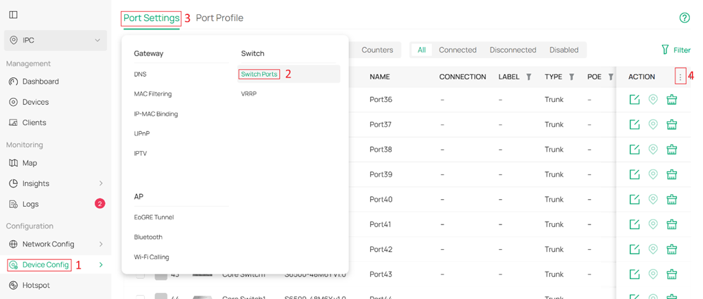 Accessing Port Settings page. And expanding status display options panel.