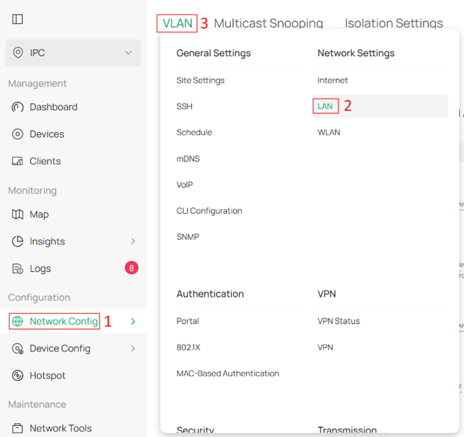 VLAN configuration page location.