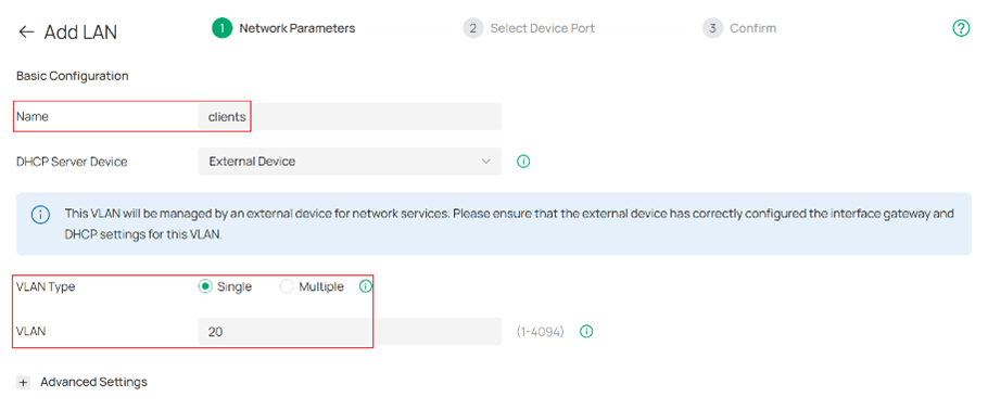 Creating VLAN 20 configuration screen.